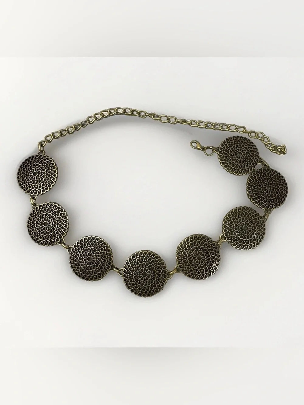 Vintage Solid Brass Filigree Medallion Chain Belt Boho Festival Adjustable 24-39
